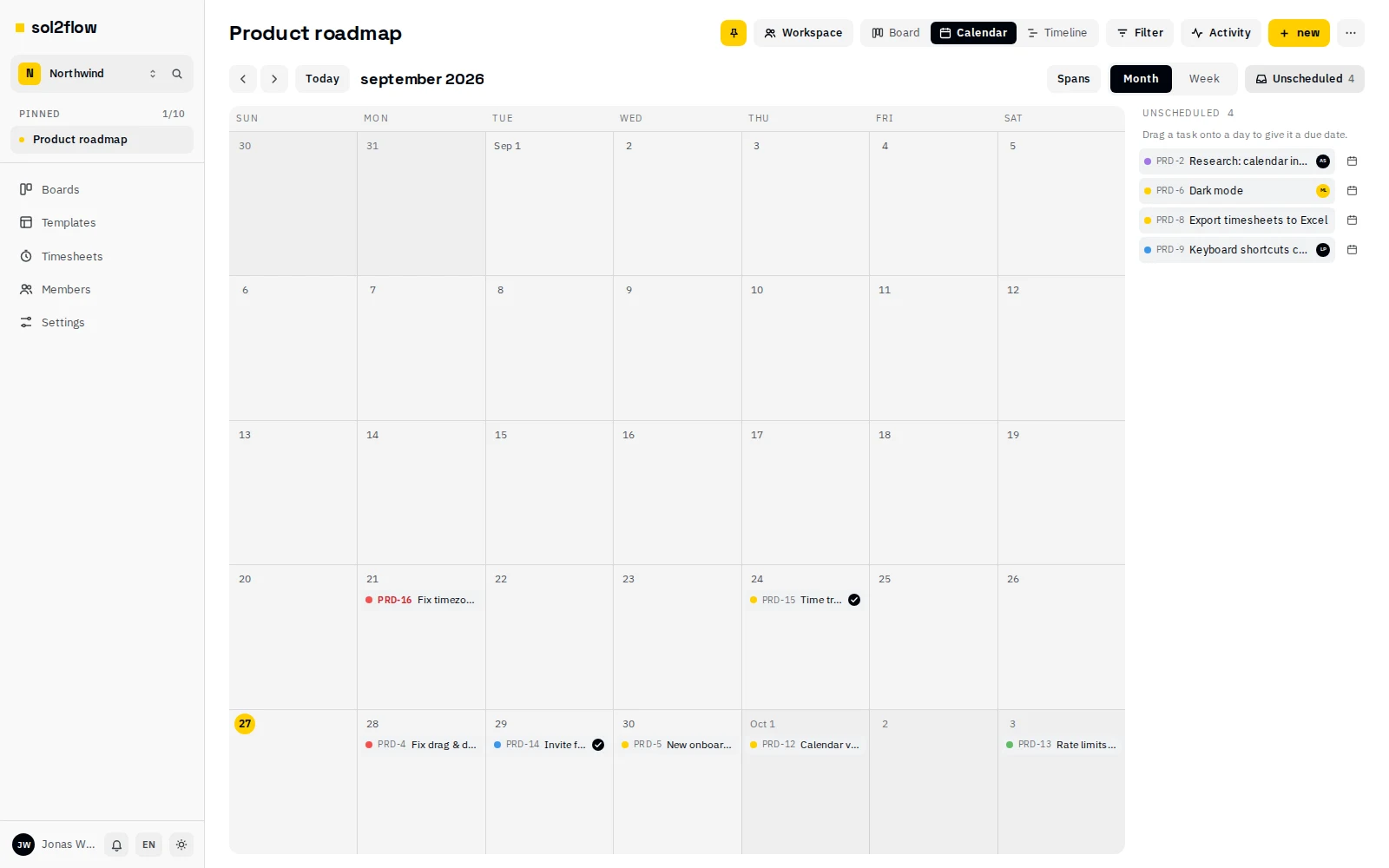 La vue Calendrier d’un tableau
